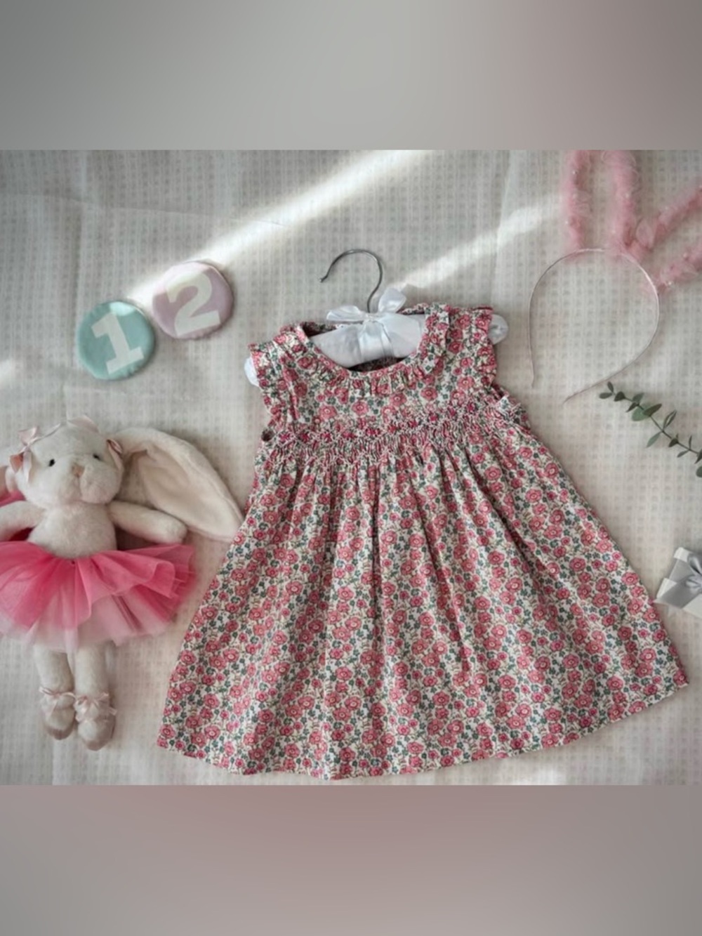 Smocked Floral Baby Dress in Pink & Green